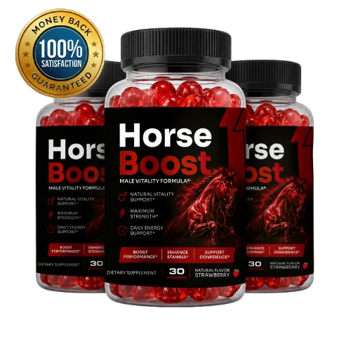 Three bottles of Horse Boost Male Vitality Formula, 30 strawberry-flavored gummies per bottle